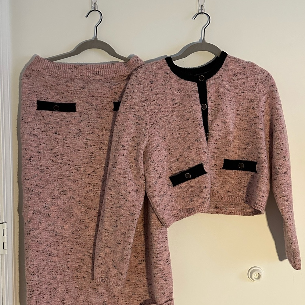 Pink and Black Knit Cardigan and Skirt Set